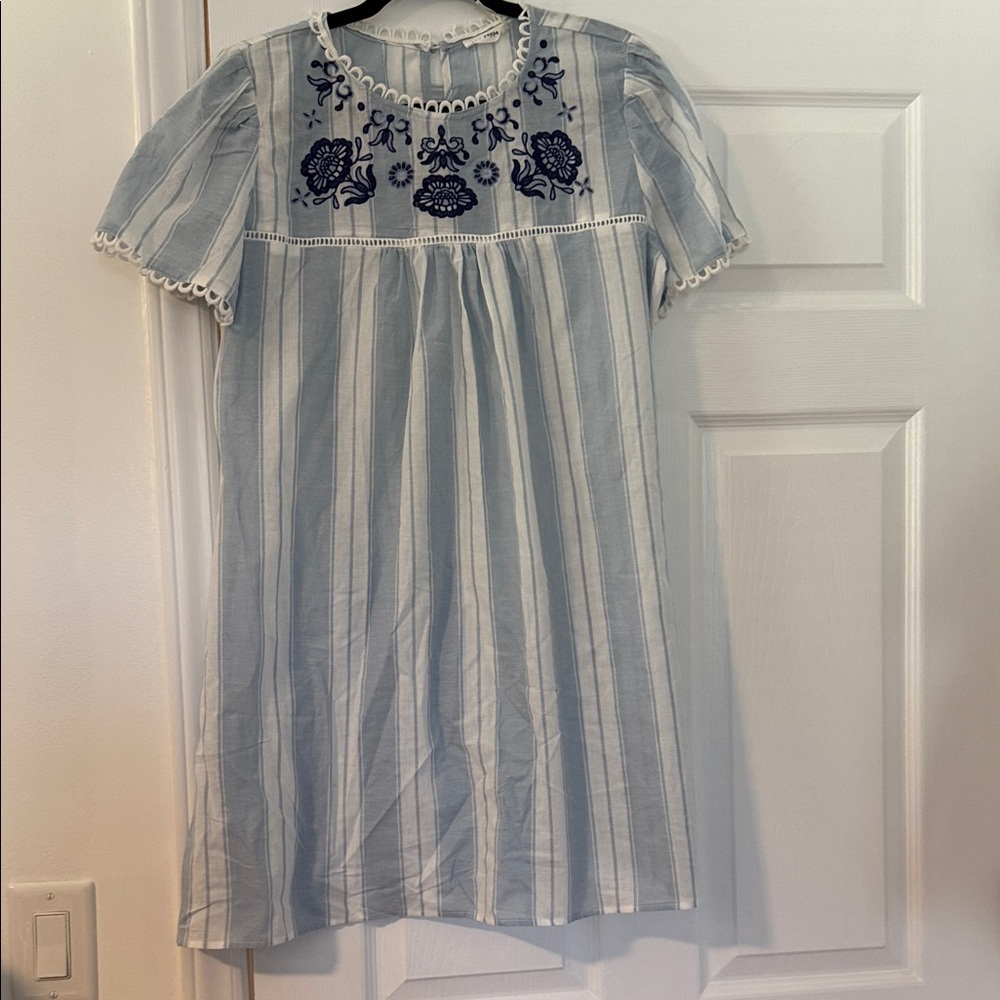 Women’s Casual Cotton Stripe Embroidered Mini Boho Dress Not Worn